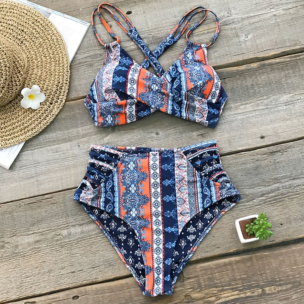 Tropical Palms Twist-Front High-Waisted Bikini Sexy Lace Up Swimsuit Two Piece Swimwear Beach Bathing Suit The Clothing Company Sydney