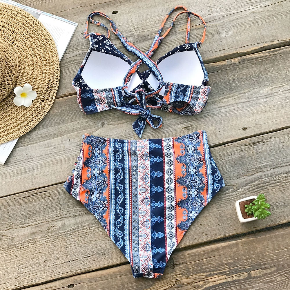 Tropical Palms Twist-Front High-Waisted Bikini Sexy Lace Up Swimsuit Two Piece Swimwear Beach Bathing Suit The Clothing Company Sydney