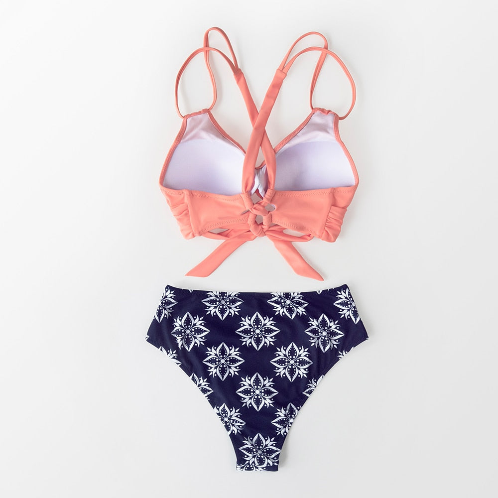 Tropical Palms Twist-Front High-Waisted Bikini Sexy Lace Up Swimsuit Two Piece Swimwear Beach Bathing Suit The Clothing Company Sydney