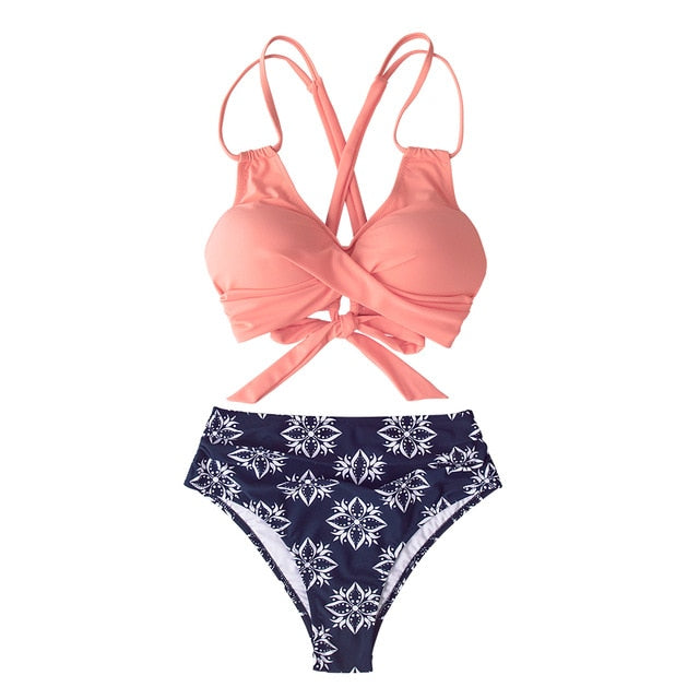 Tropical Palms Twist-Front High-Waisted Bikini Sexy Lace Up Swimsuit Two Piece Swimwear Beach Bathing Suit The Clothing Company Sydney