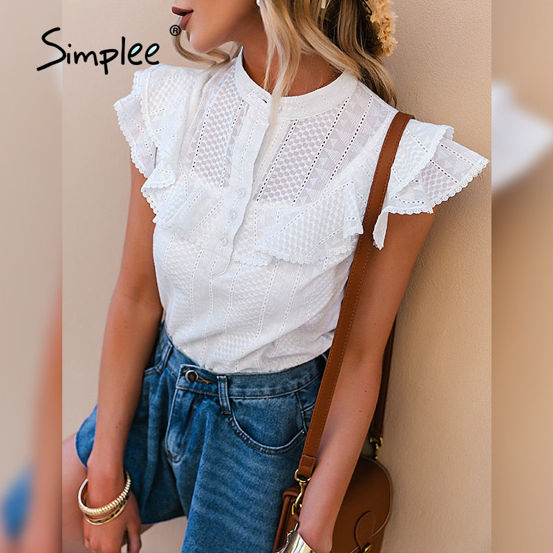 Elegant ruffled lace women blouse spring Embroidery button band collar shirt summer top The Clothing Company Sydney