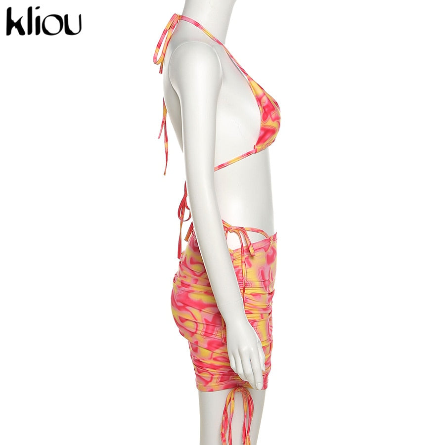 Bandage Halter Print Two Piece Backless Top+Drawstring Stacked Skirt Summer Outfit Set The Clothing Company Sydney