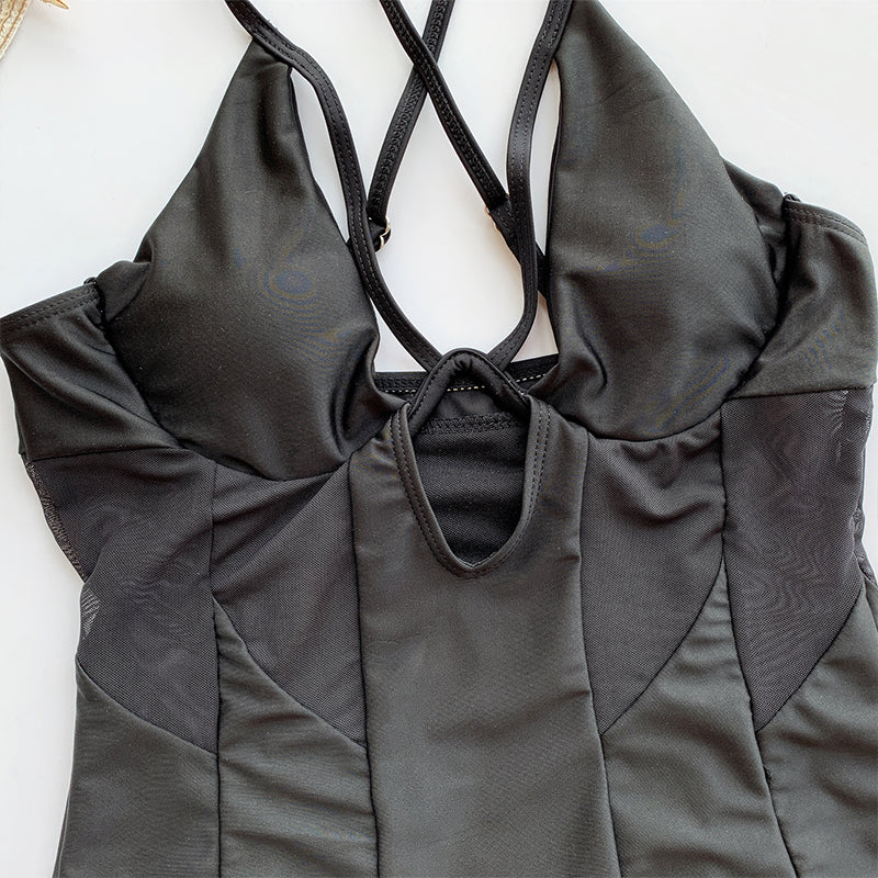 Black Mesh High Cut Swimwear One Piece Swimsuit Hollow Out Monokini see through Bathing Suit The Clothing Company Sydney