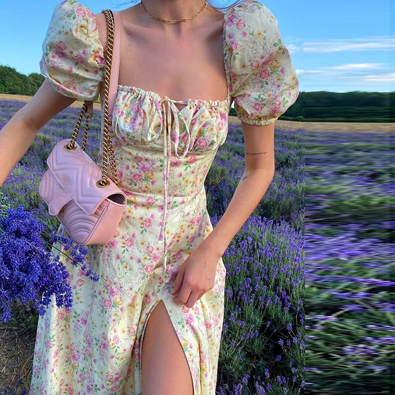 Summer Floral Print Party Long Dresses Puff Short Sleeve Elegant Club Chic Maxi Split Dresses The Clothing Company Sydney