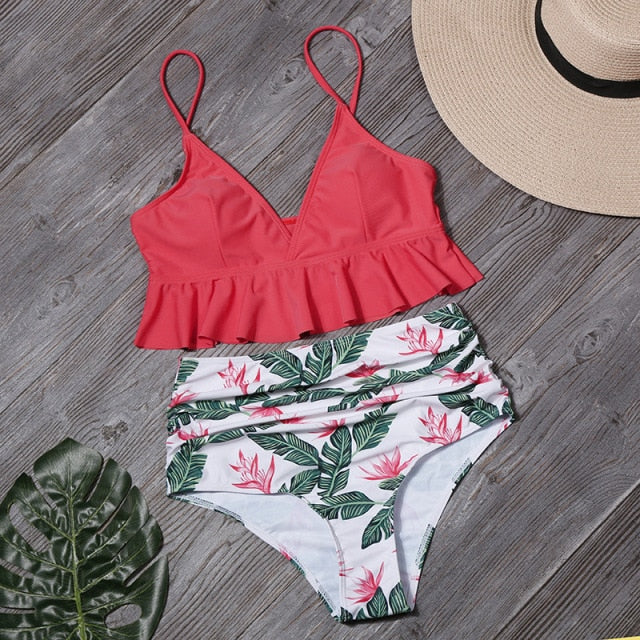 2 Piece Flounced Push Up Floral Print Swimsuit Summer Bikini Suit Youth Beach Swimming High Waist Boho Style Swimwear The Clothing Company Sydney