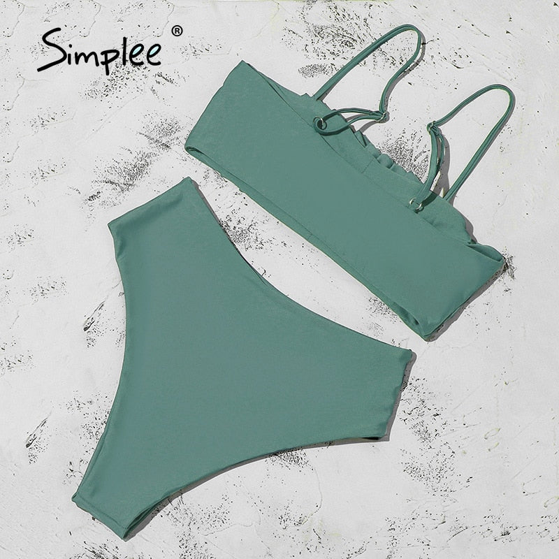 Bandeau push up swimsuit solid Ruffle bikini set High waist swimwear Sport bathing suit Vintage beachwear The Clothing Company Sydney