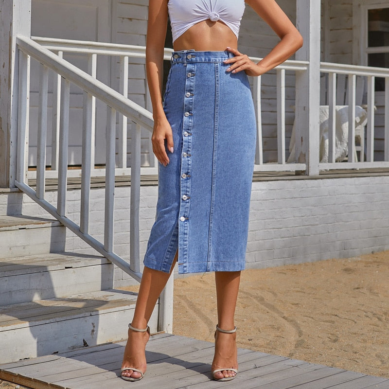 Blue Denim Single-Breasted Split Elegant Bodycon Midi High Waist Long Jeans Skirts Streetwear The Clothing Company Sydney