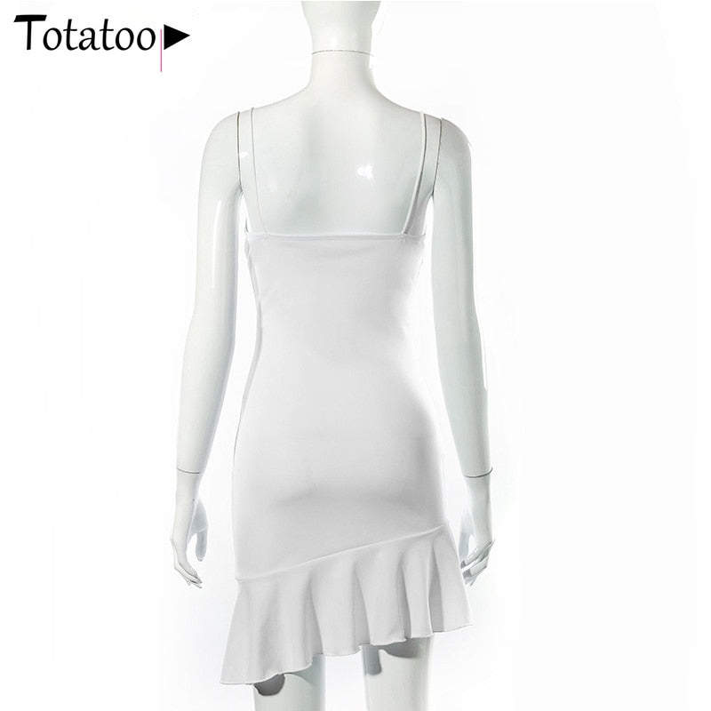 Elegant V Neck Ruffles Strap Bodycon Summer Sleeveless Office Lady Vintage Party White Dress The Clothing Company Sydney