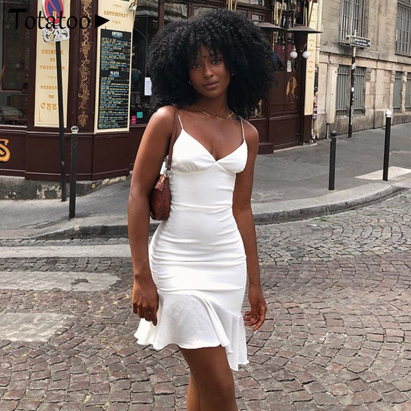 Elegant V Neck Ruffles Strap Bodycon Summer Sleeveless Office Lady Vintage Party White Dress The Clothing Company Sydney