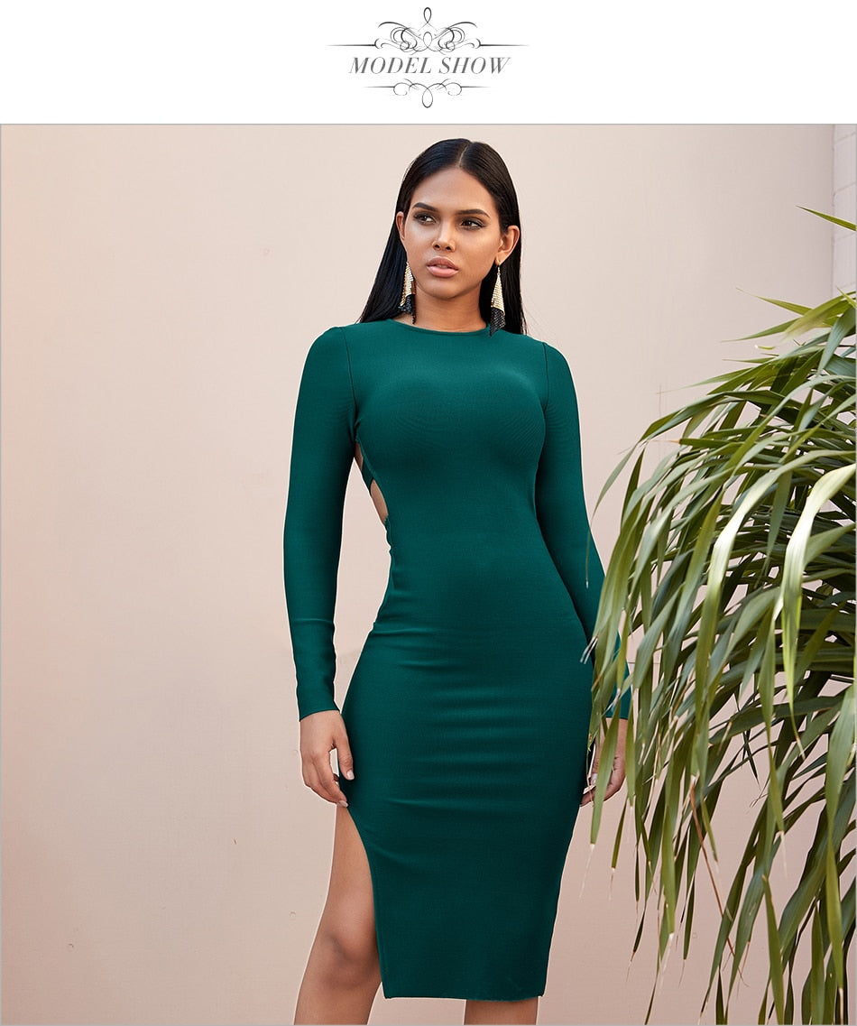 Winter Long Sleeve Green Runway Bandage Hollow Out Backless Club Celebrity Evening Party Dresses The Clothing Company Sydney