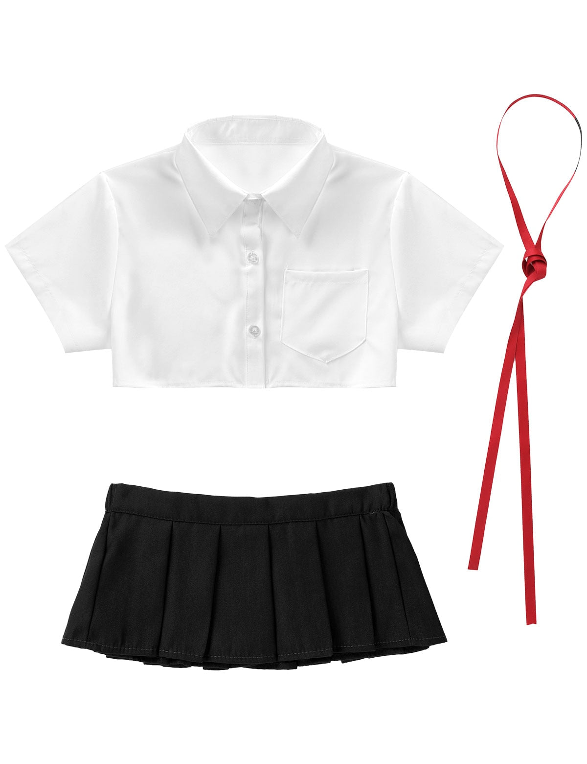 School Fancy Cosplay Costume Outfit Turn-down Collar Short Sleeves T-shirt Crop Tops with Ribbon and Mini Pleated The Clothing Company Sydney