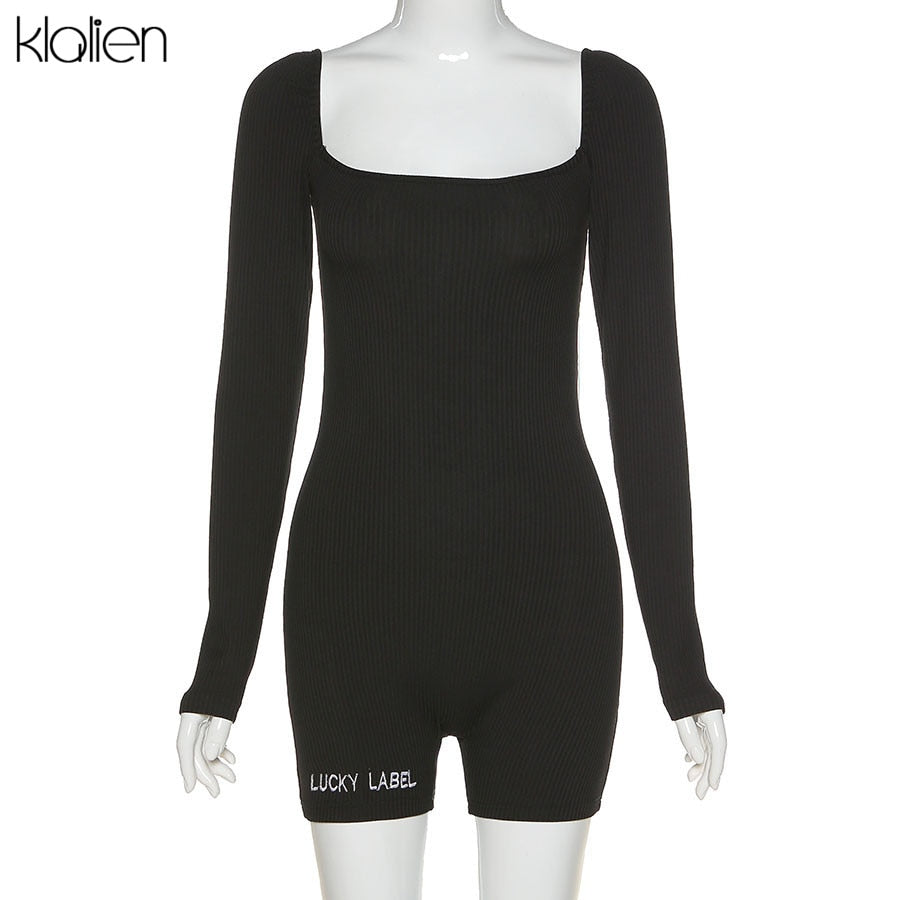 Casual streetwear black spring summer print letter skinny playsuit elastic yoga fitness sportwear playsuit The Clothing Company Sydney