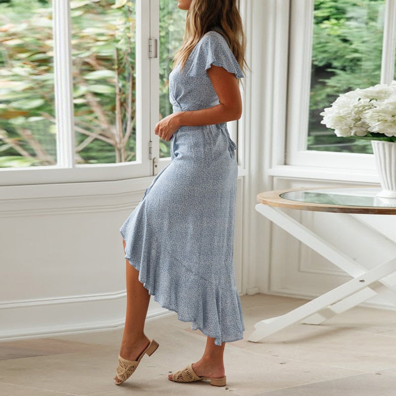 Summer Long Maxi Casual Boho Floral Print Beach V-Neck Ruffle Bodycon Wrap High Slit Party Dress The Clothing Company Sydney