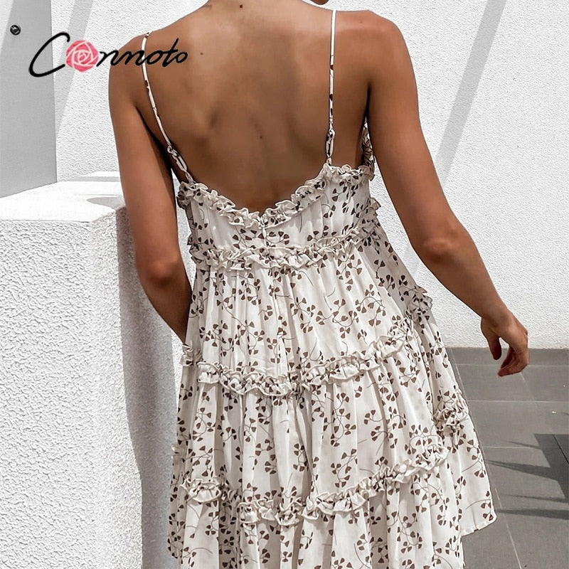 Boho summer Floral print ruffle Spaghetti a-line sexy Ruffle v-neck mini holiday Beachwear dress The Clothing Company Sydney