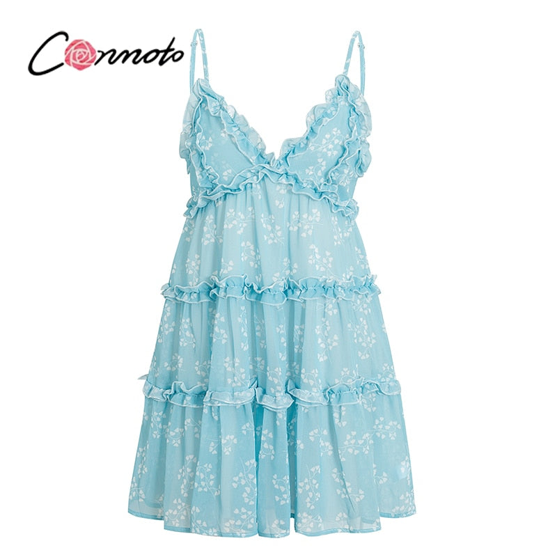 Boho summer Floral print ruffle Spaghetti a-line sexy Ruffle v-neck mini holiday Beachwear dress The Clothing Company Sydney