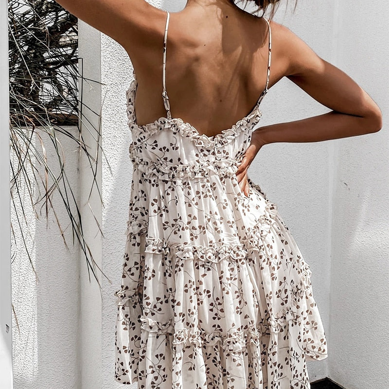 Boho summer Floral print ruffle Spaghetti a-line sexy Ruffle v-neck mini holiday Beachwear dress The Clothing Company Sydney