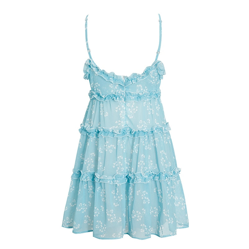 Boho summer Floral print ruffle Spaghetti a-line sexy Ruffle v-neck mini holiday Beachwear dress The Clothing Company Sydney