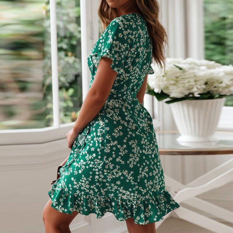Bohemian Summer Boho Floral Print Casual Beach V-Neck Wrap Bodycon Mini Dress Ruffles Sundress The Clothing Company Sydney