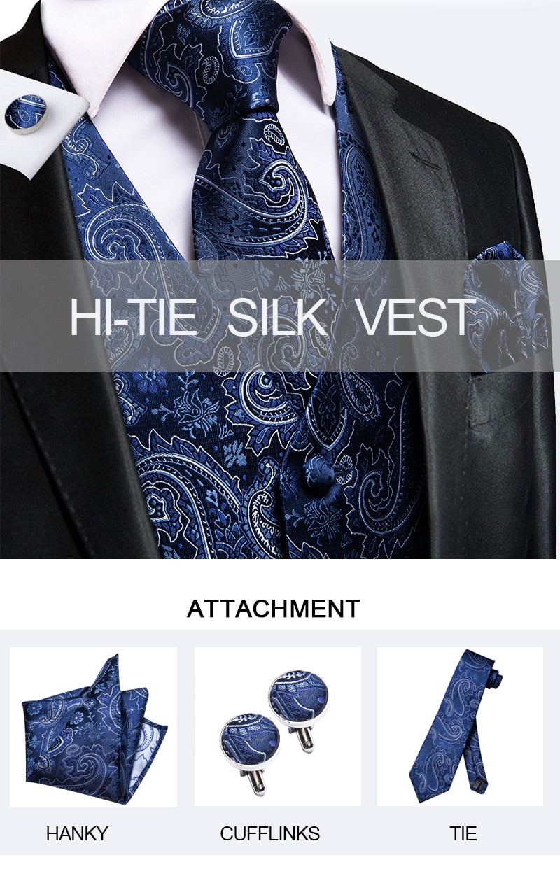 Men's Vests and Tie Business Formal Dresses Slim Vest 4piece Hanky cufflinks for Suit Blue Paisley Waistcoat The Clothing Company Sydney