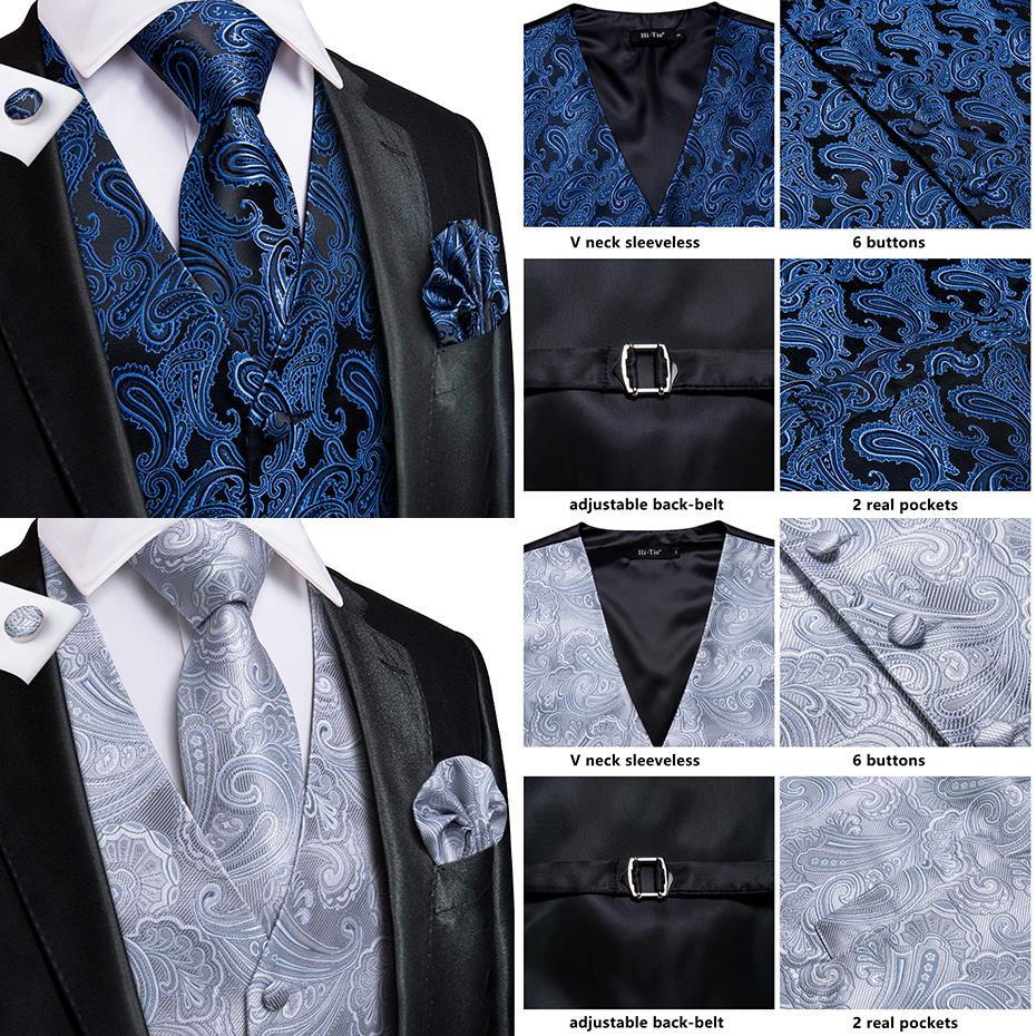 Men's Vests and Tie Business Formal Dresses Slim Vest 4piece Hanky cufflinks for Suit Blue Paisley Waistcoat The Clothing Company Sydney