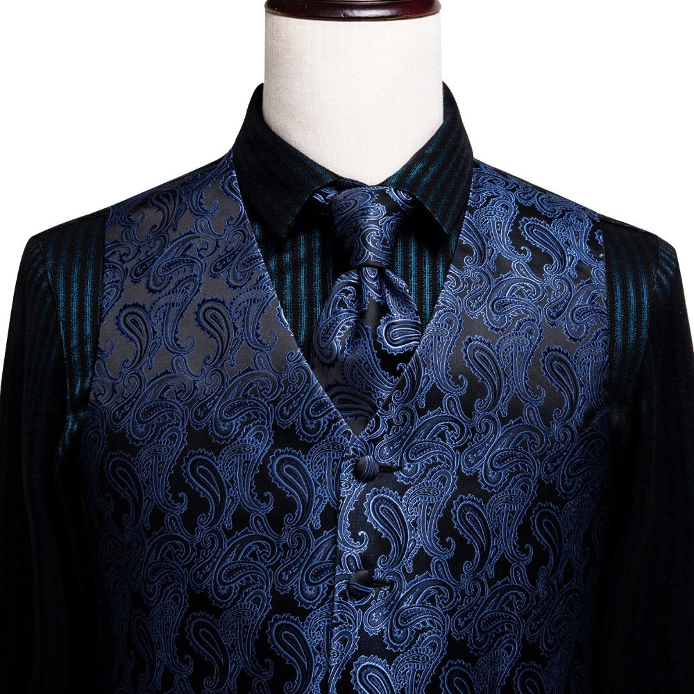 Men's Vests and Tie Business Formal Dresses Slim Vest 4piece Hanky cufflinks for Suit Blue Paisley Waistcoat The Clothing Company Sydney