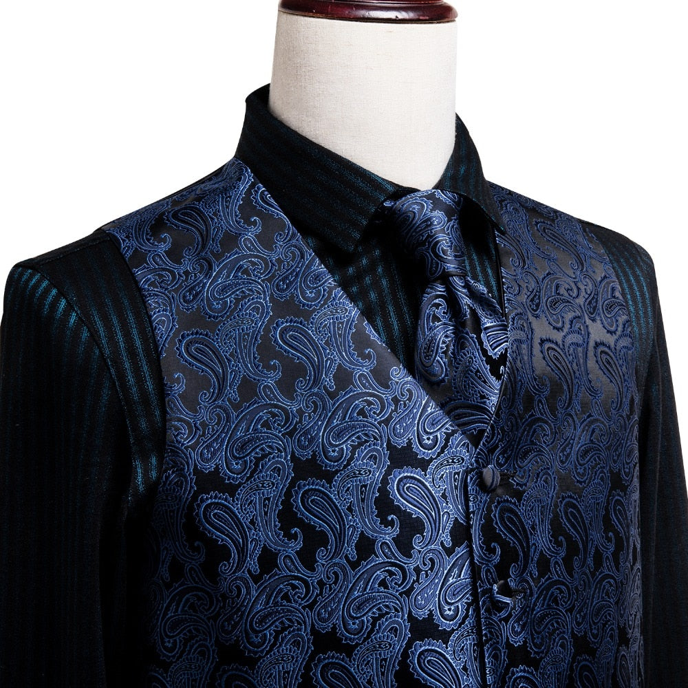 Men's Vests and Tie Business Formal Dresses Slim Vest 4piece Hanky cufflinks for Suit Blue Paisley Waistcoat The Clothing Company Sydney