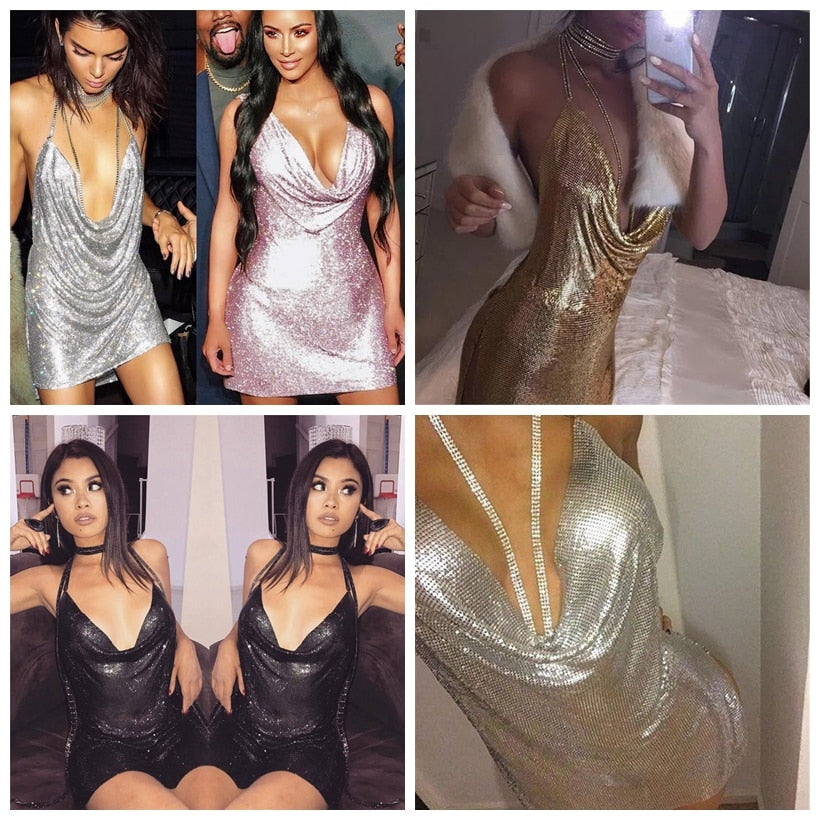 Deep v neck halter split sequined dress women solid backless rhinestone chain party metal dress The Clothing Company Sydney