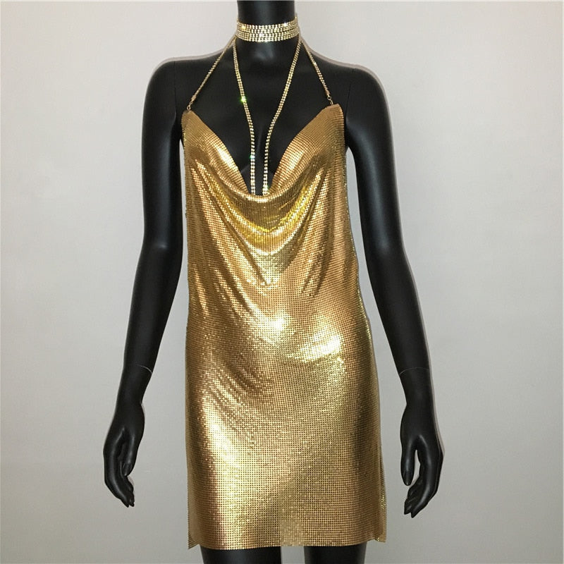 Deep v neck halter split sequined dress women solid backless rhinestone chain party metal dress The Clothing Company Sydney