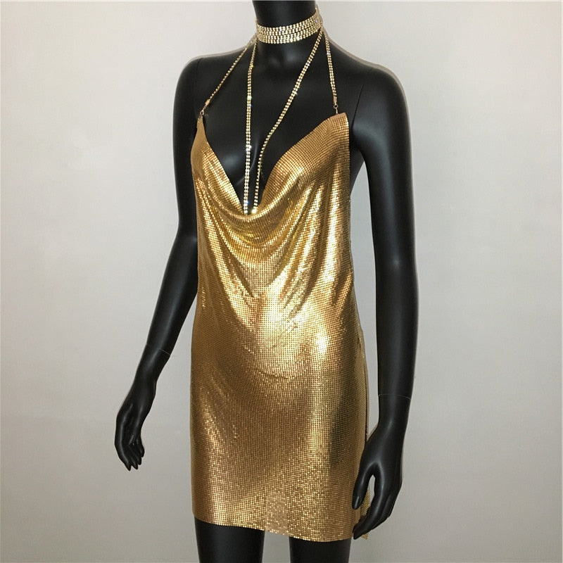 Deep v neck halter split sequined dress women solid backless rhinestone chain party metal dress The Clothing Company Sydney