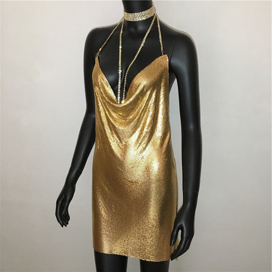 Deep v neck halter split sequined dress women solid backless rhinestone chain party metal dress The Clothing Company Sydney