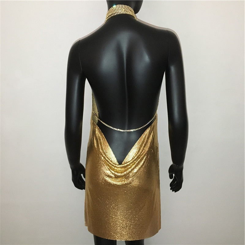 Deep v neck halter split sequined dress women solid backless rhinestone chain party metal dress The Clothing Company Sydney