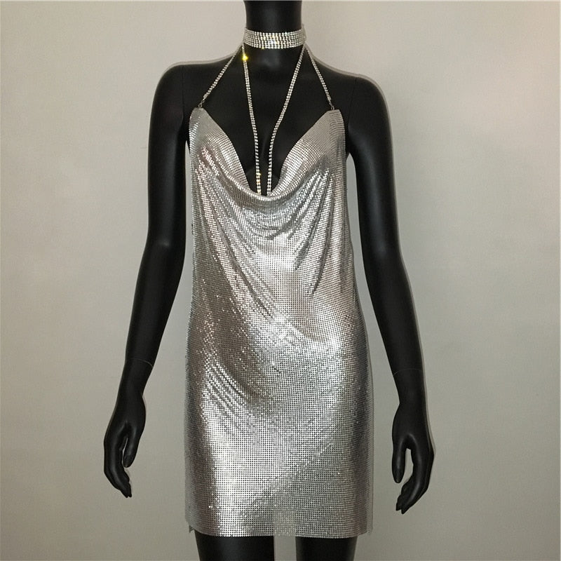 Deep v neck halter split sequined dress women solid backless rhinestone chain party metal dress The Clothing Company Sydney