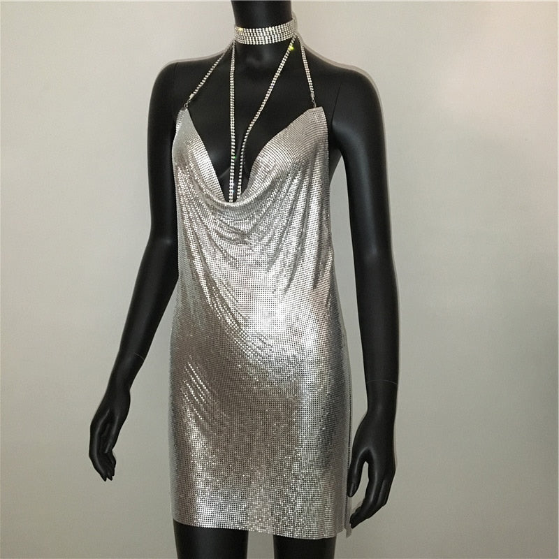 Deep v neck halter split sequined dress women solid backless rhinestone chain party metal dress The Clothing Company Sydney