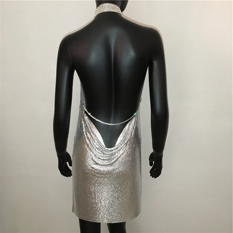 Deep v neck halter split sequined dress women solid backless rhinestone chain party metal dress The Clothing Company Sydney
