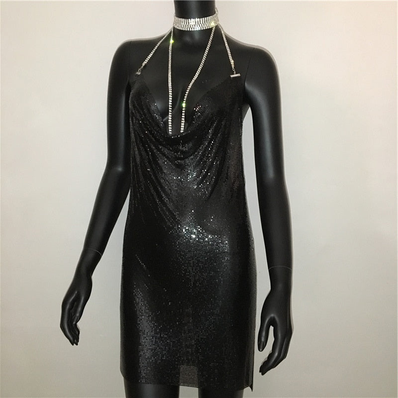 Deep v neck halter split sequined dress women solid backless rhinestone chain party metal dress The Clothing Company Sydney