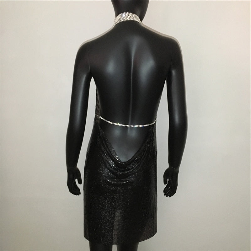 Deep v neck halter split sequined dress women solid backless rhinestone chain party metal dress The Clothing Company Sydney