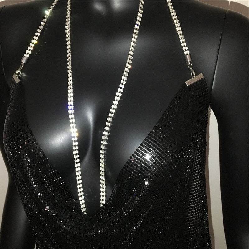 Deep v neck halter split sequined dress women solid backless rhinestone chain party metal dress The Clothing Company Sydney