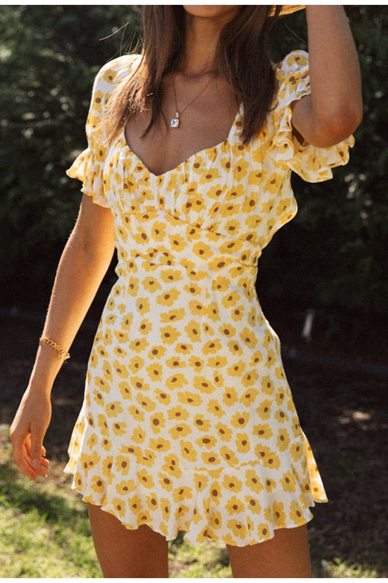 Elegant flounce ruffles floral bubble sleeve backless lace up summer High waist mini dress The Clothing Company Sydney