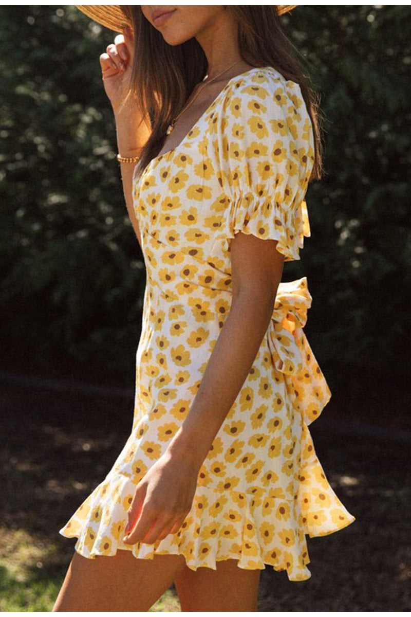 Elegant flounce ruffles floral bubble sleeve backless lace up summer High waist mini dress The Clothing Company Sydney