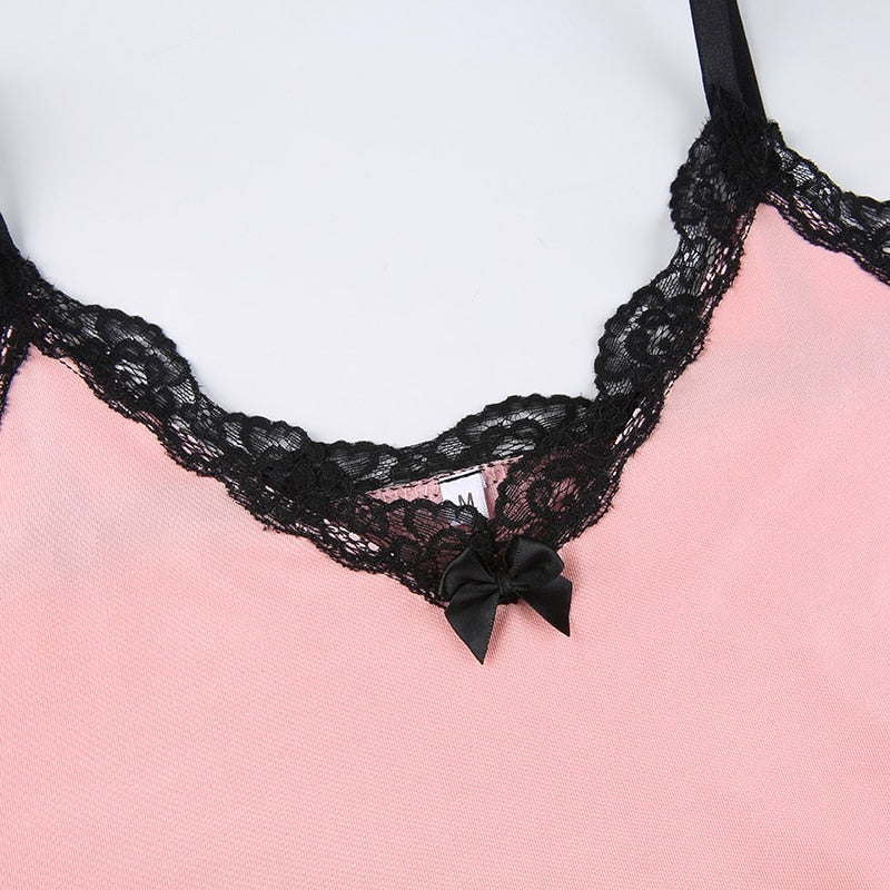 Aesthetic Lace Patchwork Pink Strap Bow Bodycon Summer Mini Side Split Sundress Dress The Clothing Company Sydney