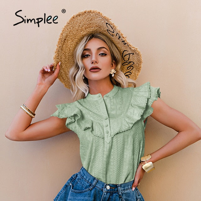 Elegant ruffled lace women blouse spring Embroidery button band collar shirt summer top The Clothing Company Sydney