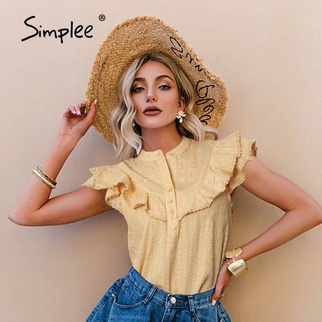 Elegant ruffled lace women blouse spring Embroidery button band collar shirt summer top The Clothing Company Sydney