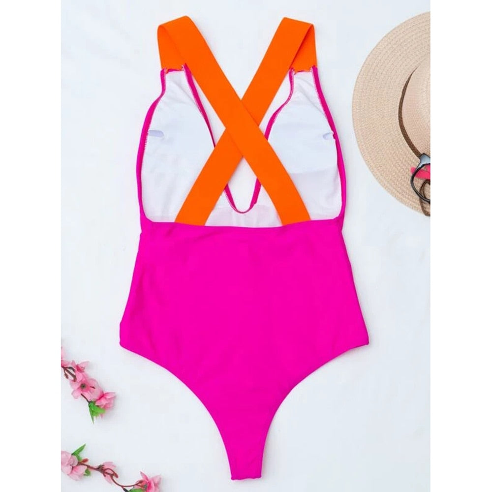Cross Back One Piece Swimsuit Patchwork Pink Swimwear Monokini Bathing Suit Swim Suit Summer Beachwear The Clothing Company Sydney