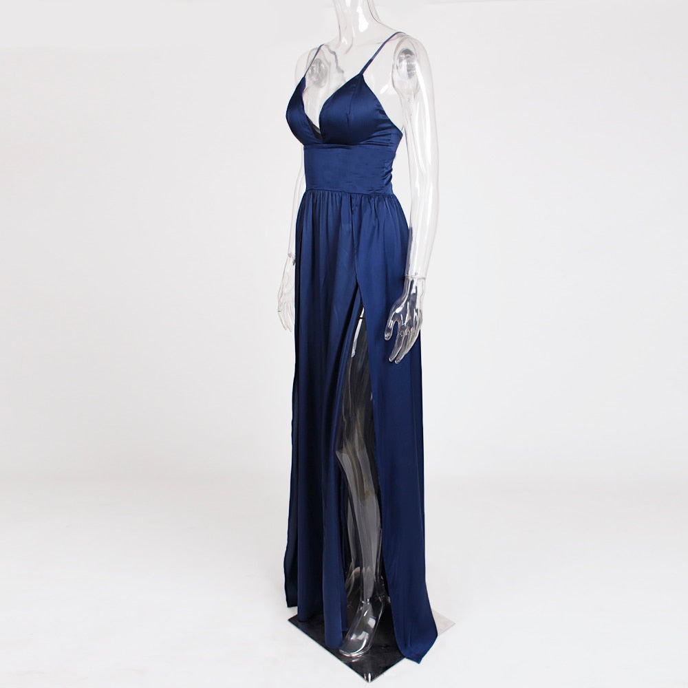Sexy High Split Long Party V Neck Strappy Padded Red Navy Green Satin Summer Backless Hollow Out Dress The Clothing Company Sydney