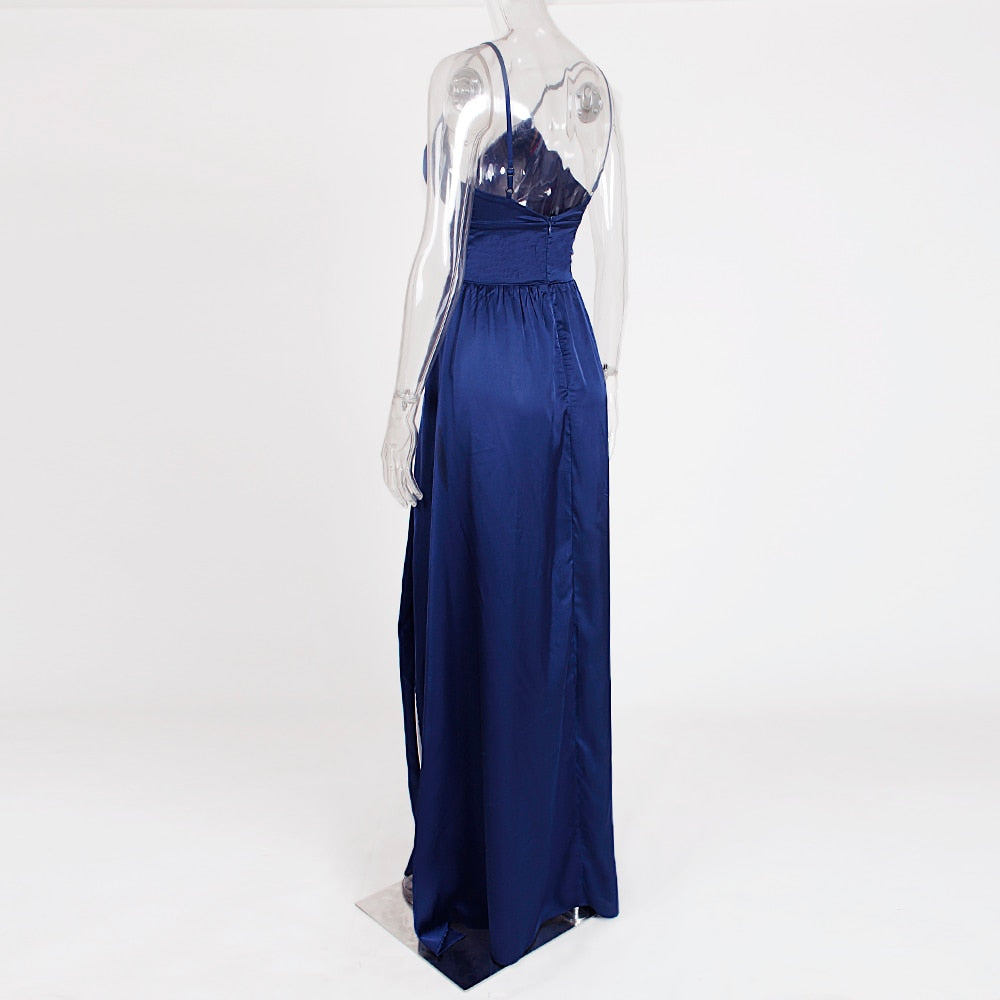 Sexy High Split Long Party V Neck Strappy Padded Red Navy Green Satin Summer Backless Hollow Out Dress The Clothing Company Sydney