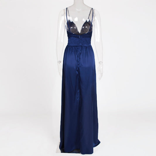 Sexy High Split Long Party V Neck Strappy Padded Red Navy Green Satin Summer Backless Hollow Out Dress The Clothing Company Sydney