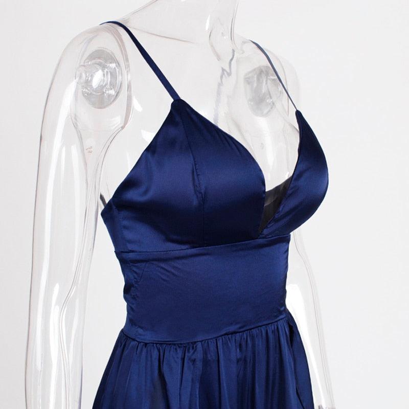 Sexy High Split Long Party V Neck Strappy Padded Red Navy Green Satin Summer Backless Hollow Out Dress The Clothing Company Sydney
