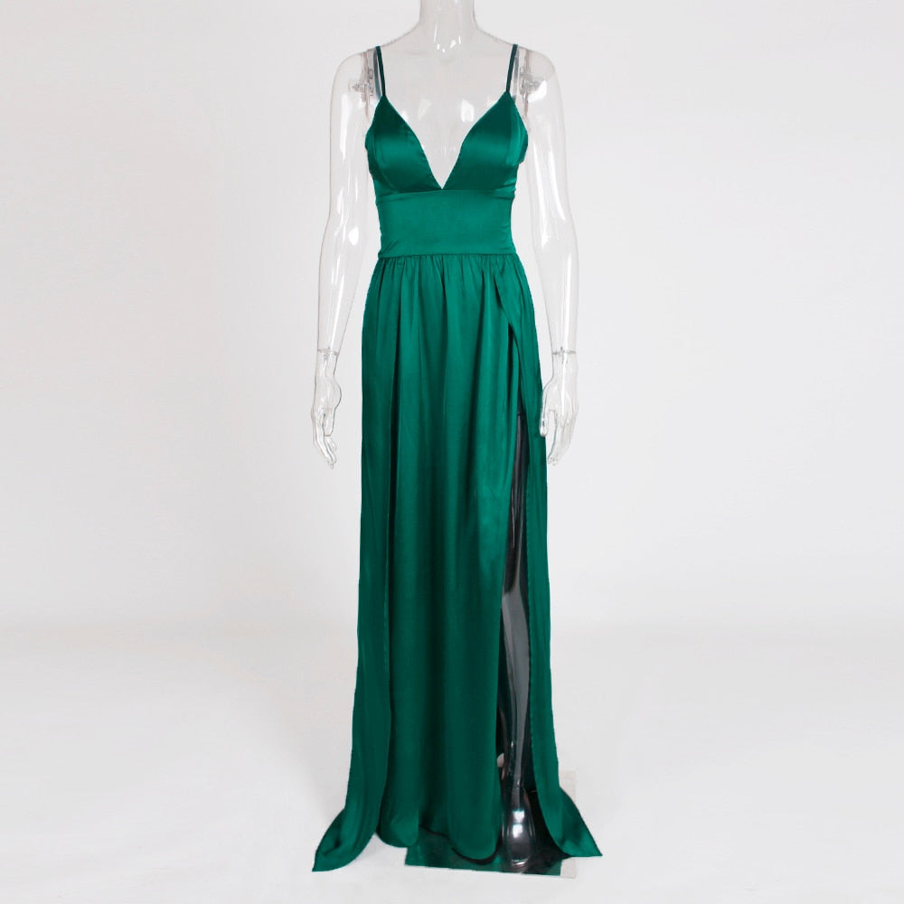 Sexy High Split Long Party V Neck Strappy Padded Red Navy Green Satin Summer Backless Hollow Out Dress The Clothing Company Sydney