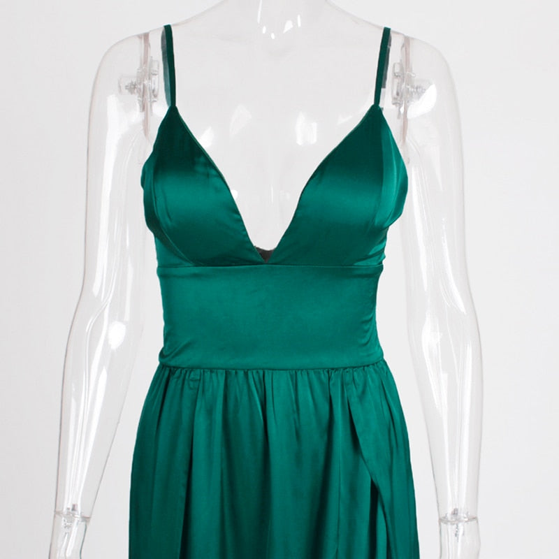 Sexy High Split Long Party V Neck Strappy Padded Red Navy Green Satin Summer Backless Hollow Out Dress The Clothing Company Sydney
