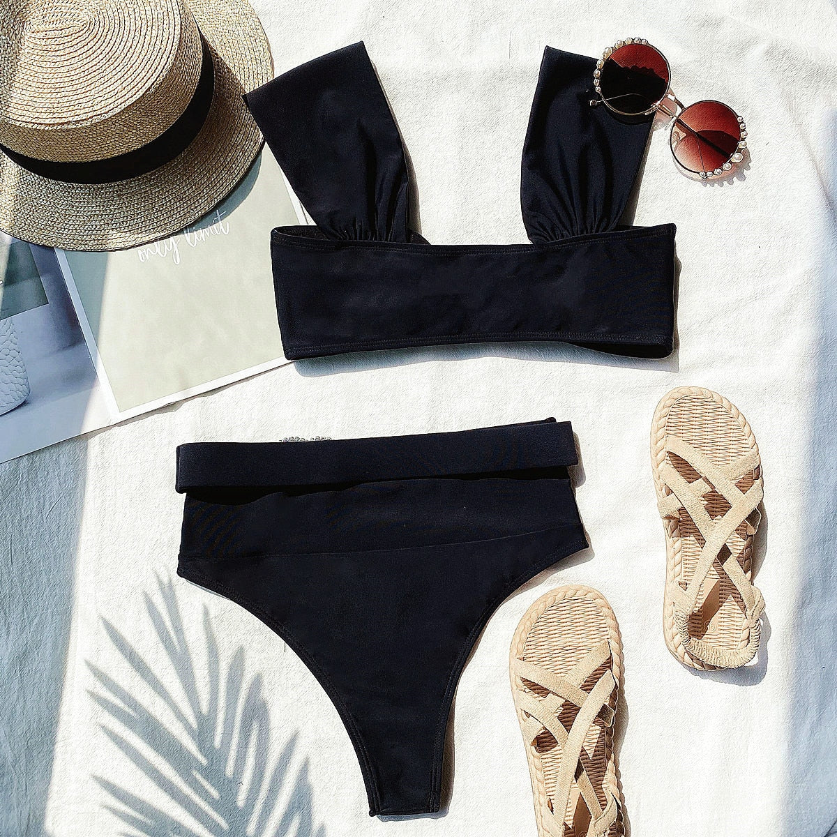 Black Red High Waist Bikini Solid Swimwear Swimsuit Push Up Bikini Ruffled Bathing Suits Summer Beach Wear Two Piece The Clothing Company Sydney